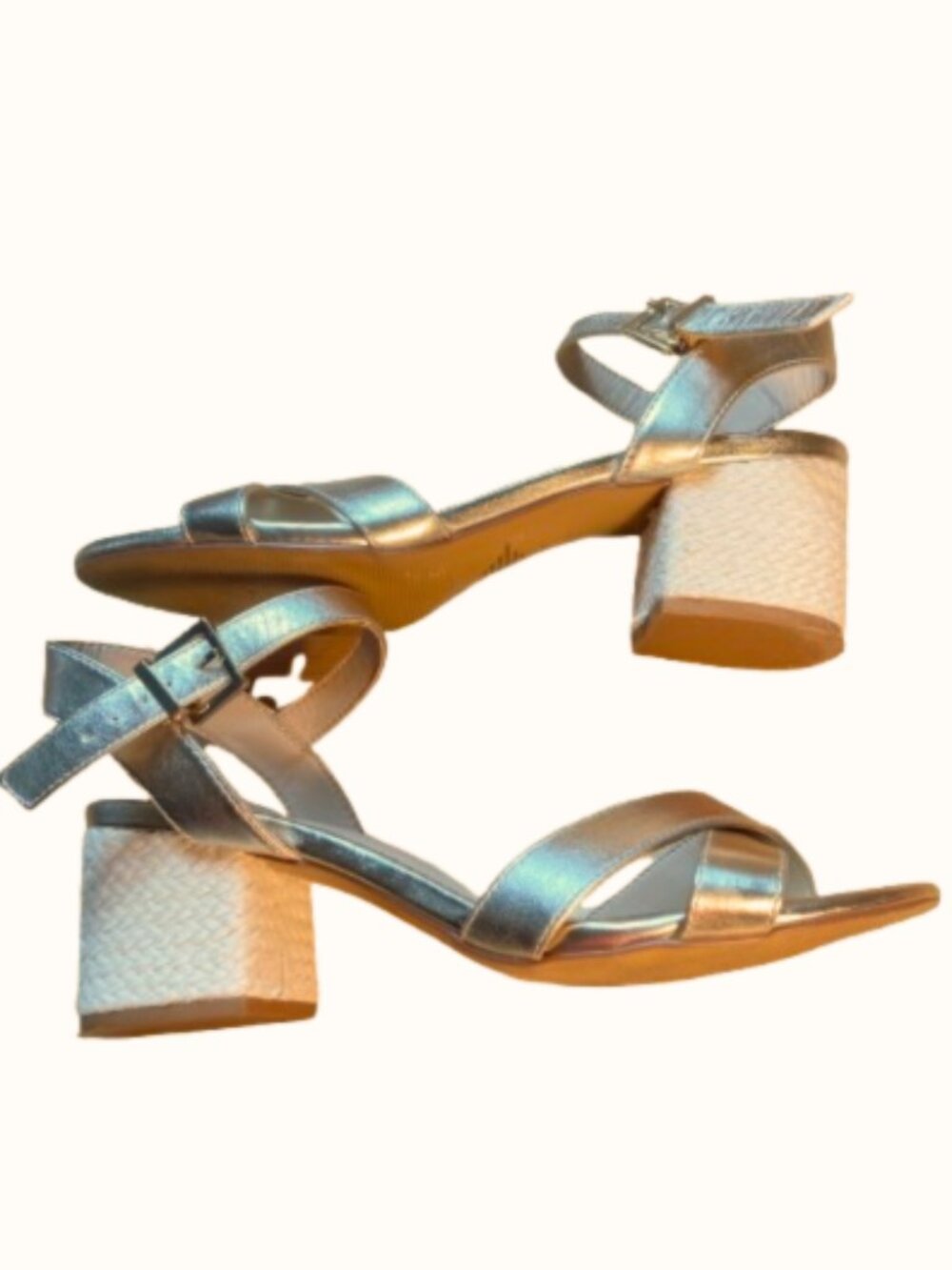 Crown & Ivy Gold Metallic Heeled Sandals Woven Espadrille Block Heel size 7.5